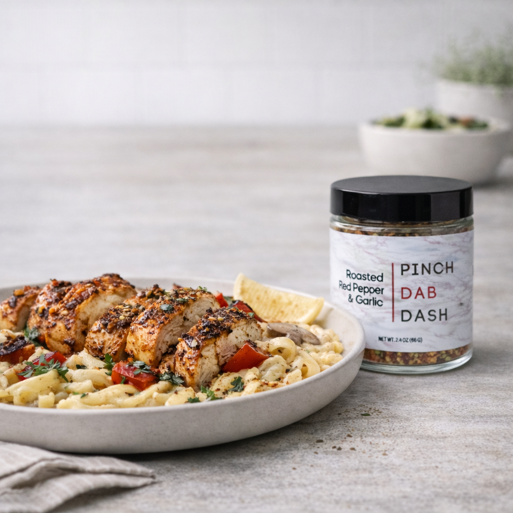 Roasted chicken over creamy pasta with red peppers and herbs styled beside a jar of Pinch Dab Dash Roasted Red Pepper and Garlic spice blend in a bright modern kitchen setting.