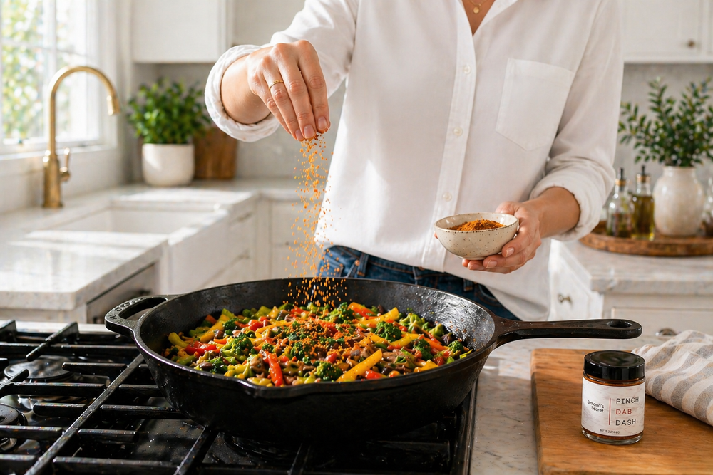 Person cooking a colorful salad in a pan on a stove, with a jar of dressing nearby.